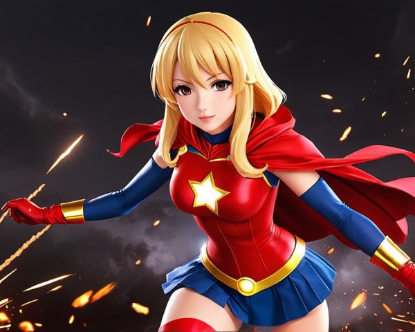 Fierce Female Superhero in Red and Blue Costume
