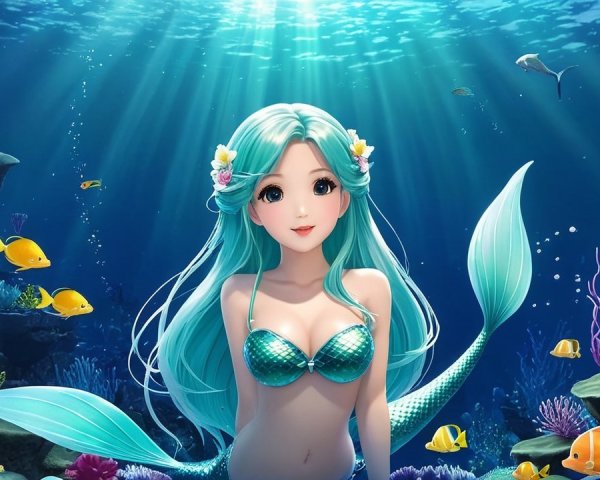 Underwater Scene with a Fantastical Mermaid