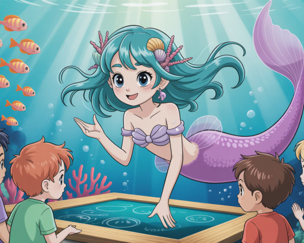 Underwater Scene Featuring a Mermaid Teaching Boys