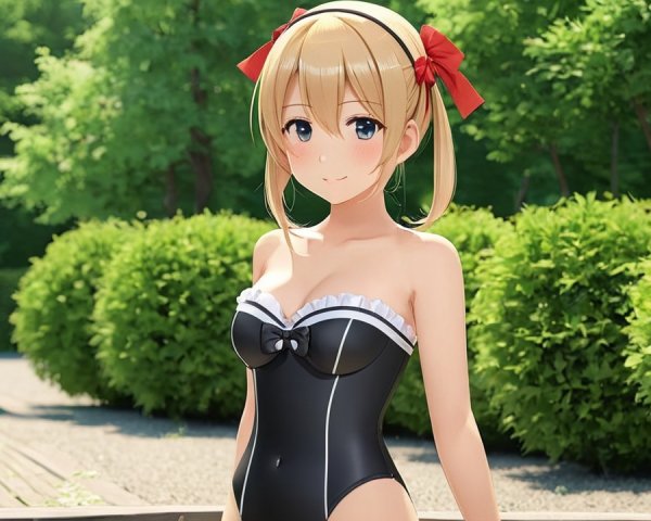 Cheerful Anime Character by Lush Garden and Poolside