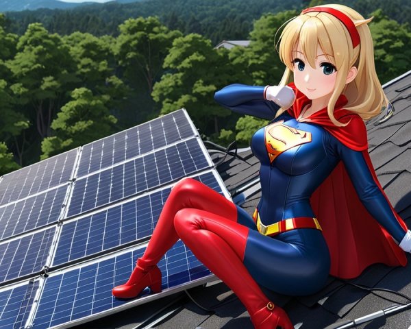 Anime-style superhero girl on a rooftop with solar panels