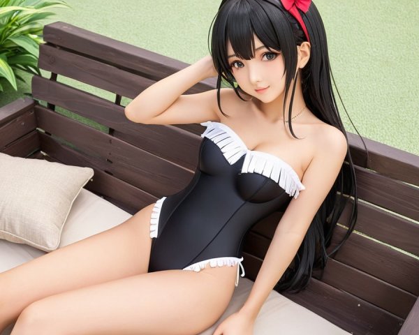 Young woman in black swimsuit on sunlit bench