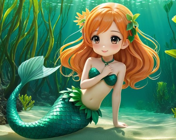 Anime-style mermaid on ocean floor with vibrant scenery