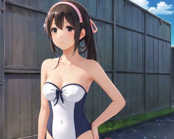 Young girl in navy blue and white swimsuit outdoors