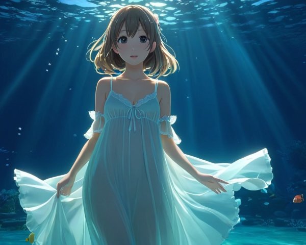 Underwater Scene with Young Woman in Translucent Dress