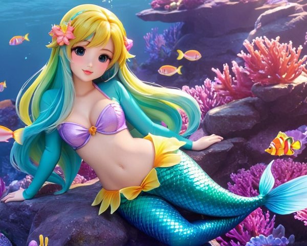 Colorful Mermaid in Vibrant Underwater Scene