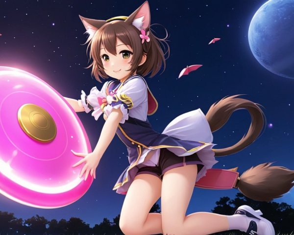 Cheerful Anime Girl with Cat Ears Playing at Night