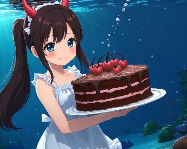 Underwater Scene with Girl, Cake, and Colorful Fish