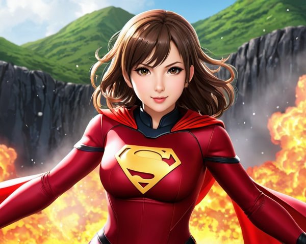 Confident Female Superhero in Red Costume Against Mountains