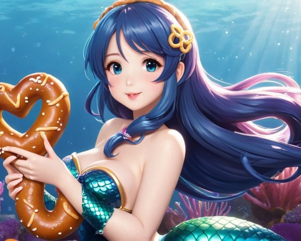 Mermaid with Blue Hair and Heart-Shaped Cookie Underwater