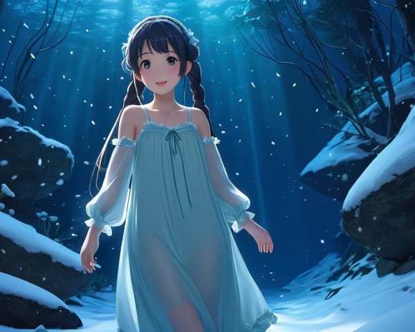 Underwater Scene with Girl in Light Blue Dress