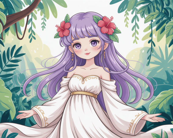 Anime Illustration of Girl in Tropical Jungle Setting