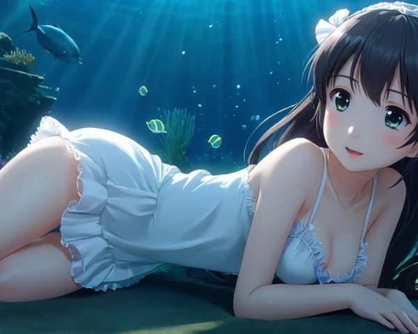 Underwater Scene with Young Woman and Colorful Marine Life