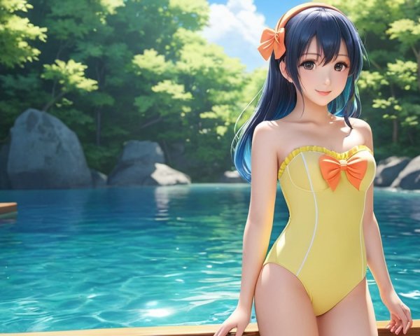 Cheerful Woman by Serene Pool in Bright Swimsuit
