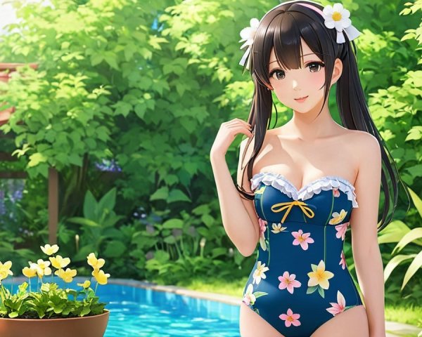 Young woman in blue swimsuit by tranquil pool