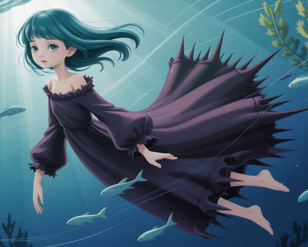Charming Anime Girl Floating in Ocean with Teal Hair