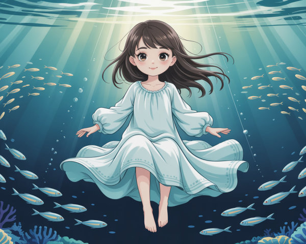Anime-style underwater scene with a girl in a dress