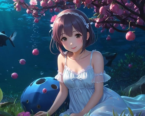 Underwater Scene with Girl, Blossoms, and Dolphin