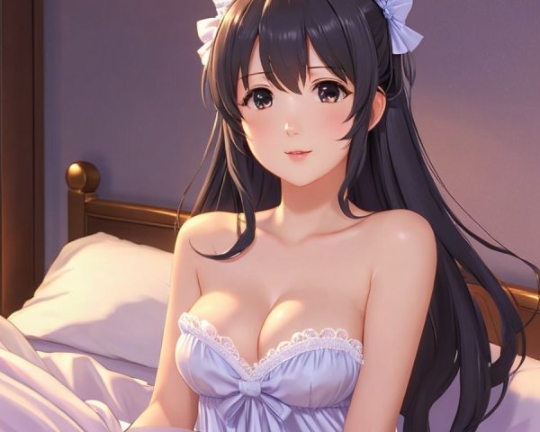 Young woman in light blue nightgown on a bed