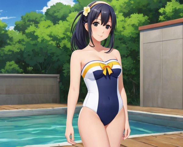 Young Woman in Stylish Swimsuit by Poolside Greenery