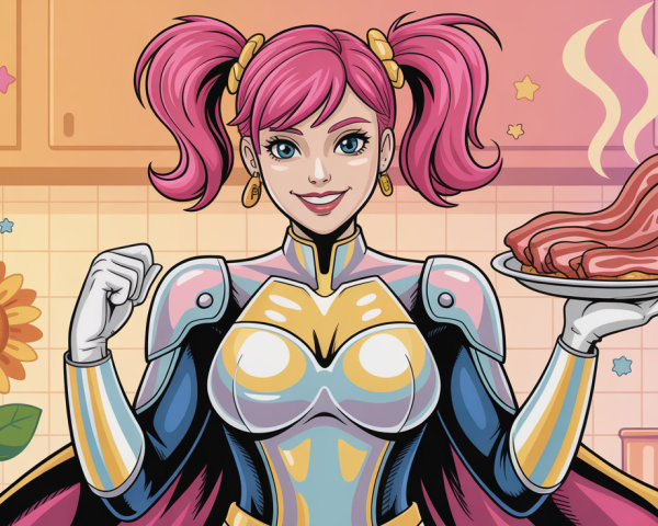 Pop Art Style Female Superhero with Bacon Platter