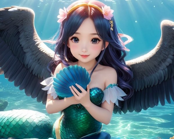 Mermaid with flowing hair and iridescent scales underwater