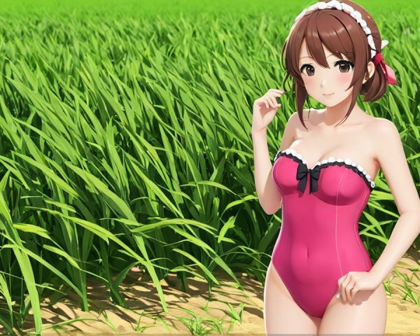 Cheerful Woman in Pink Swimsuit in Green Field