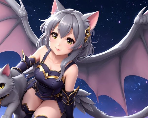 Fantasy Character with Cat Ears and Wings in Night Sky