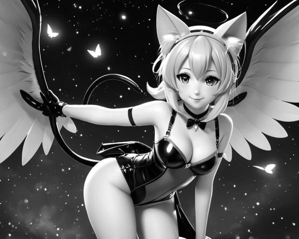 Stylized character with cat features and angelic wings