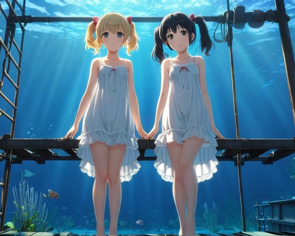 Anime-style girls underwater in white dresses