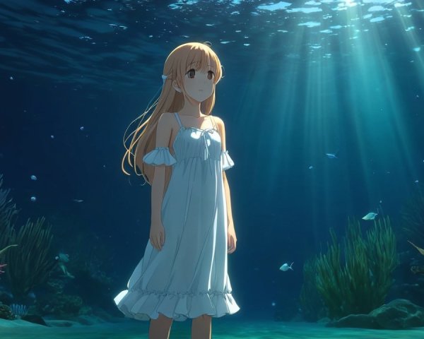 Underwater Scene with a Girl in a White Dress
