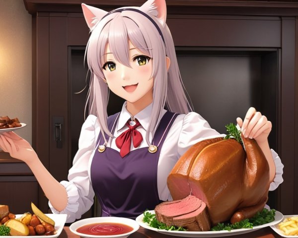 Cheerful Character in Cozy Dining Setting with Feast