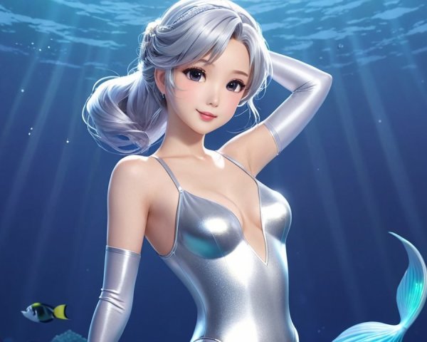 Animated character in silver swimsuit underwater scene