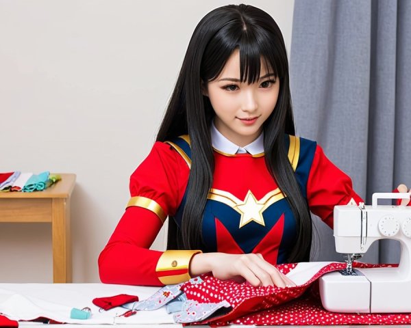 Young woman sewing in superhero outfit at a table