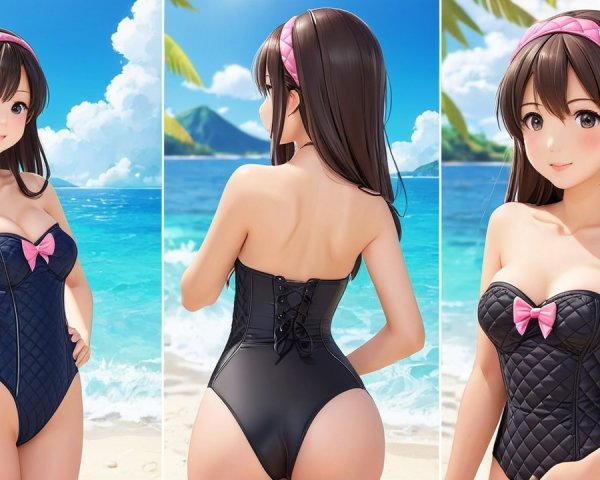 Stylized Character in Black Swimsuit at Beach Scene