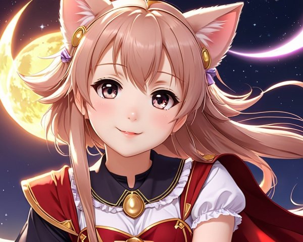 Cheerful character with cat ears and mystical night sky
