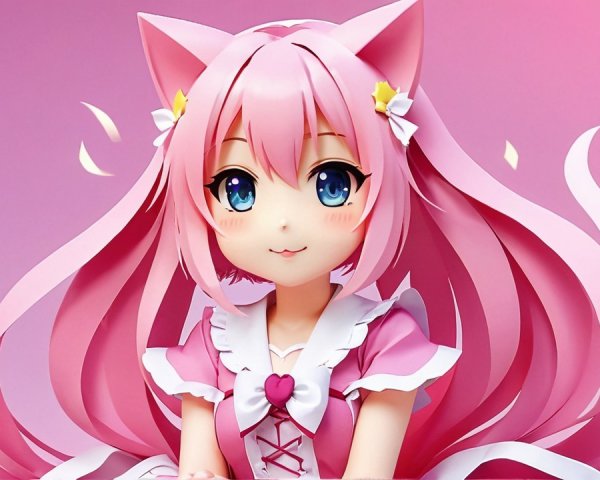 Anime girl with pink hair and cat ears in pink dress