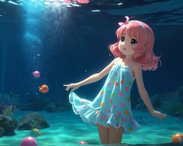 Whimsical Underwater Scene with Cheerful Girl