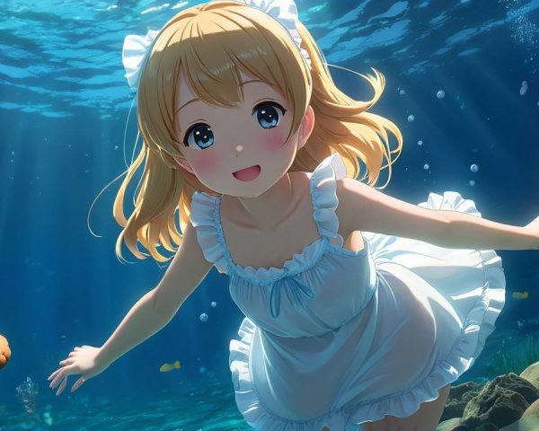 Anime Girl Swimming with Cookies in Underwater Scene
