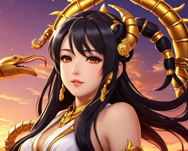 Female Figure with Black Hair and Golden Serpent