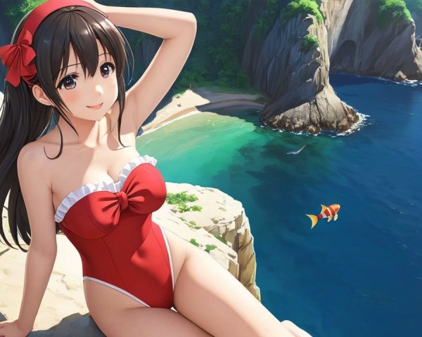 Young Woman in Red Swimsuit by Vibrant Ocean Scene