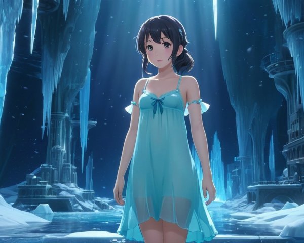 Young girl in enchanting ice cave with blue light