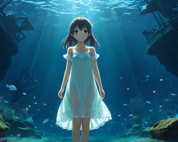 Young girl underwater with vibrant marine life and light
