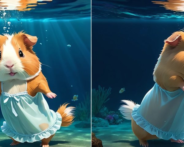 Underwater Scene with Guinea Pig in Blue Dress