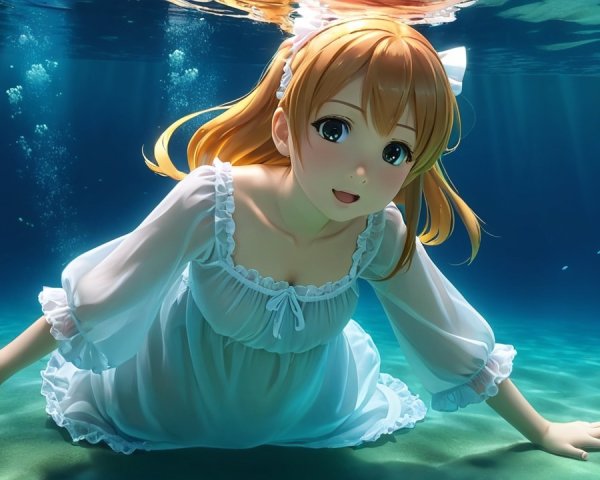 Young girl in white dress floating underwater with sunlight