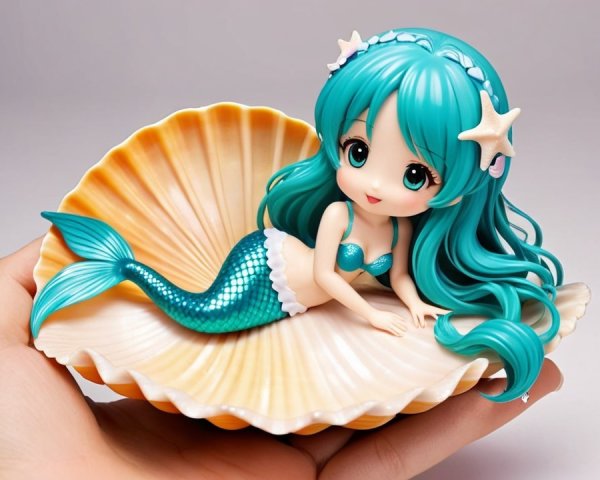 Mermaid Figurine in Seashell with Turquoise Hair