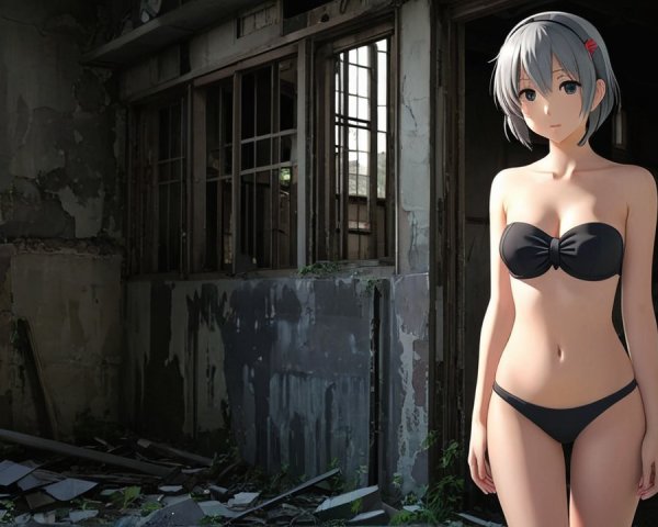 Anime-style girl in a dilapidated room illustration