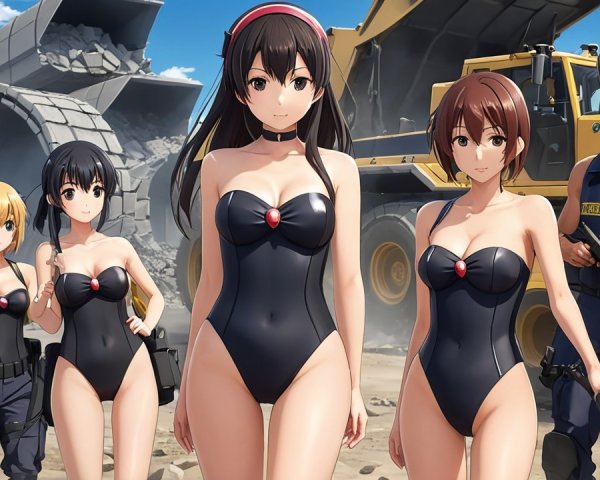 Stylized Characters at a Construction Site in Swimsuits