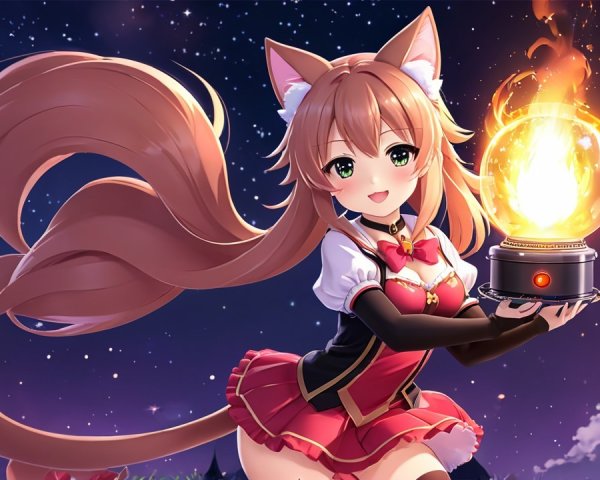 Cheerful anime character with glowing orb in night sky