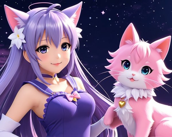 Anime Character with Cat in Starry Night Scene